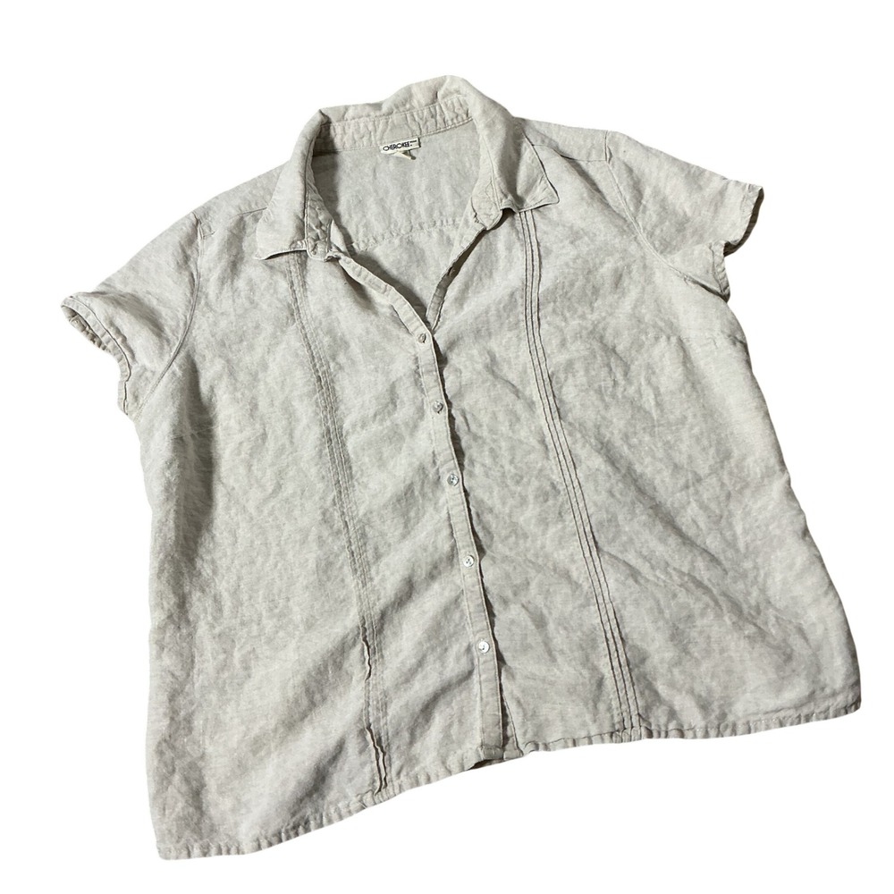 Cherokee Linen Pintuck Button Down Shirt Womens XL Beige Coastal Grandma Summer